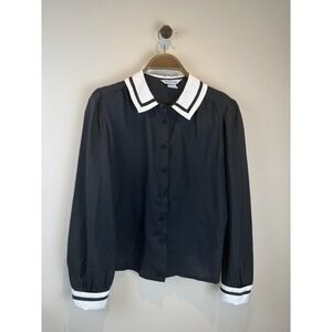 Vintage Alice Stuart Two Tone Blouse Sz 14 Black White Trim 80's Silky Academia